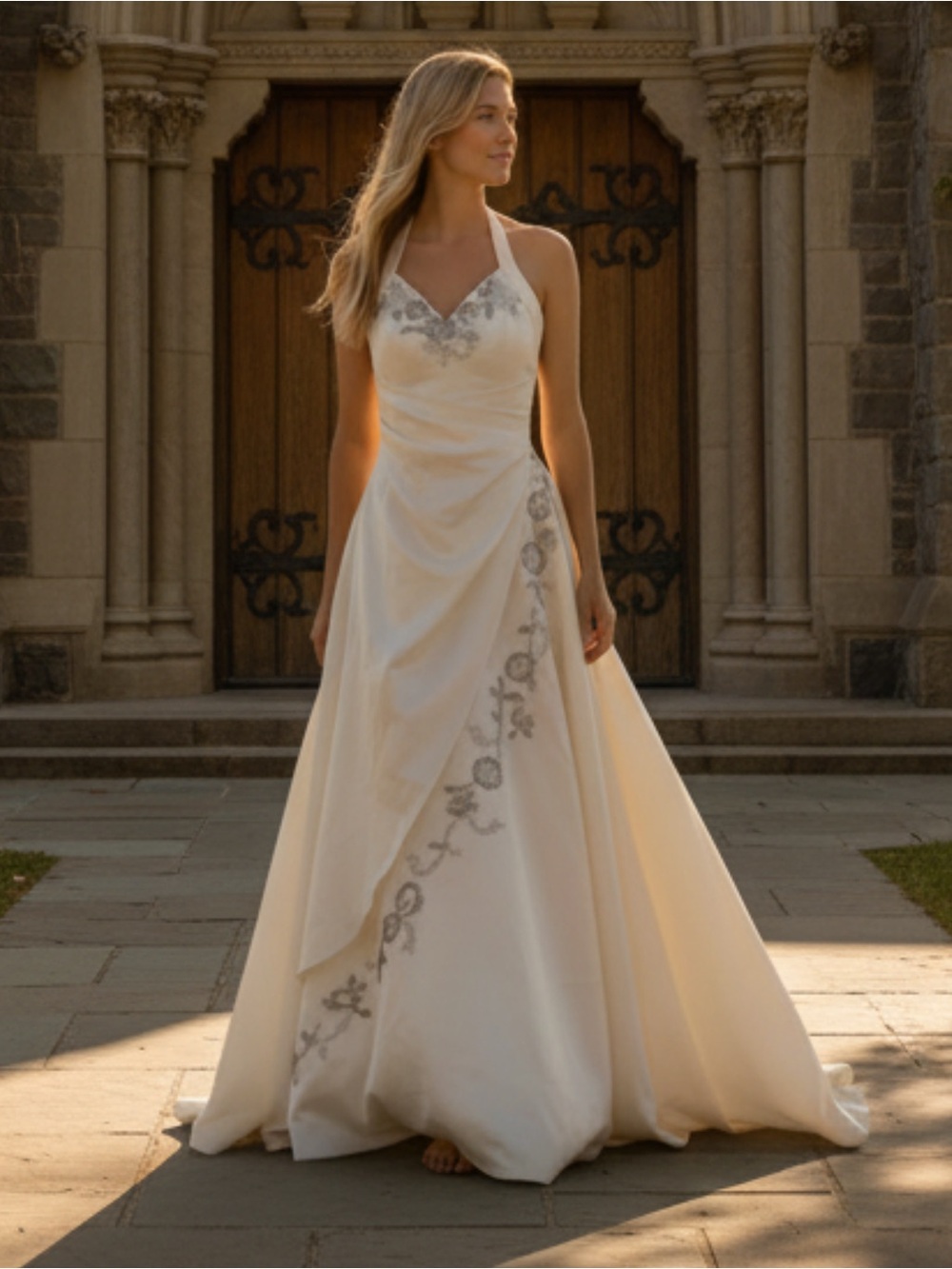 City Triangles Ivory Halter Wedding Gown or Prom with Silver Embroidery